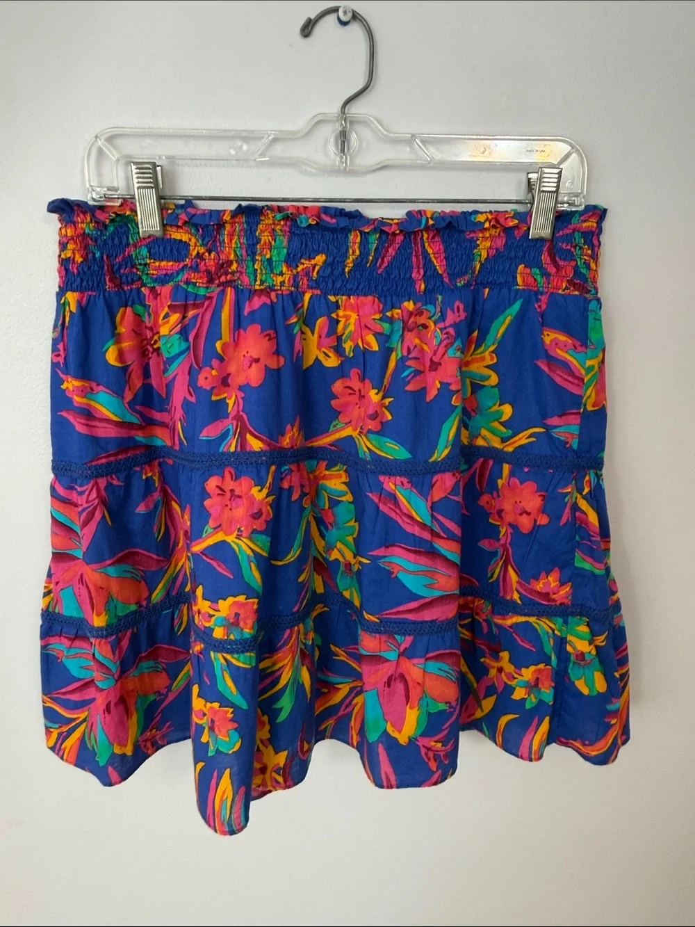 J. Crew Royal Blue Floral Smocked Tiered Skirt with Bright Pink & Yellow Accents